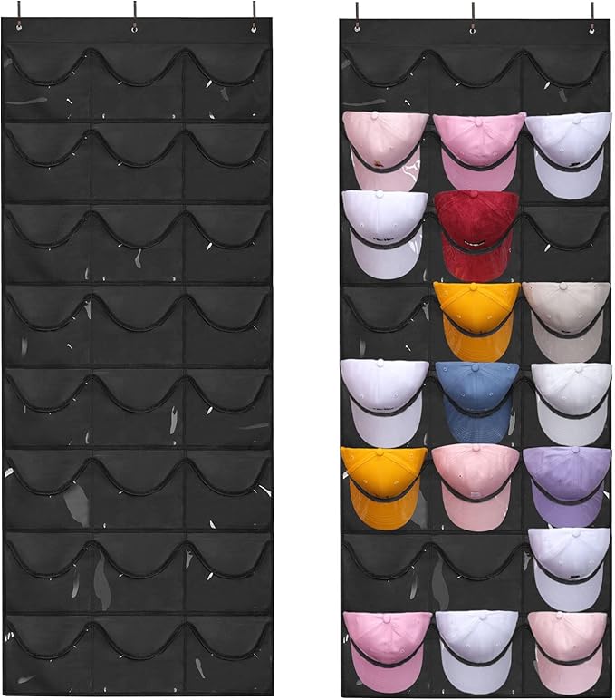 Hat Organizer for Storage of Baseball Caps, 24 Clear Deep Pockets, Rack for Wall/Door with Hooks(Black)