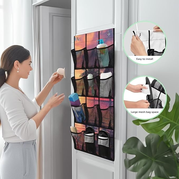 Tropical Trees Space Saving Hanging Shoe Organizer,Entryway Bedroom Bathroom Storage Bags with 12 Mesh Large Pockets,Unique Print