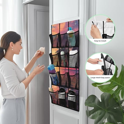 Tropical Trees Space Saving Hanging Shoe Organizer,Entryway Bedroom Bathroom Storage Bags with 12 Mesh Large Pockets,Unique Print