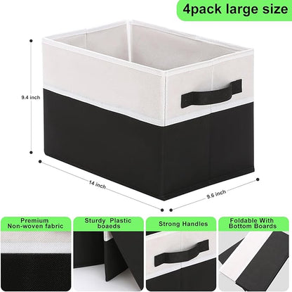 Large Shelf Storage Bins [4 Pack],Decorative Collapsible Storage Basket,Fabric Closet Organizer and Home Storage Cubes with Handles for Organizing Books, Clothes, Toys, Nursery（Black）