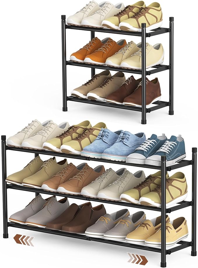Uneviesyka Expandable Shoe Rack, 3 Tier Shoe Rack for Closet, Stackable Adjustable Standing Metal Shoe Shelf Organizer Storage, Small Shoe Racks for Front Door Entrance、Entryway(Black)