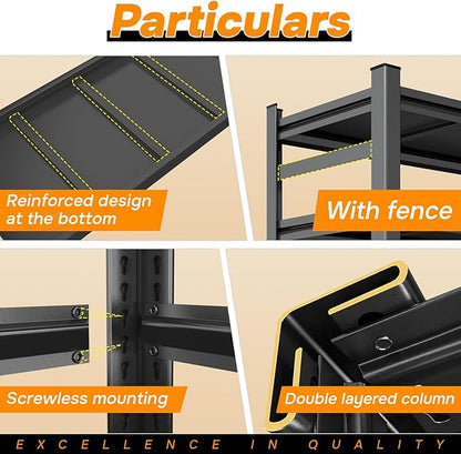 48"W*24"D Metal Garage Shelving, 5-Tier Heavy Duty Storage Shelves with Side Fences, Easy to Assemble, Adjustable, Steel Utility Shelf Rack for Warehouse, Pantry, Closet, Black, 73 Inches High
