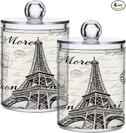 Apothecary Jars Bathroom Storage Organizer with Lid - 14 oz Qtip Holder Storage Canister, Paris Eiffel Tower Clear Plastic Jar for Cotton Swab, Cotton Ball, Floss Picks, Makeup Sponges,Hair Cl