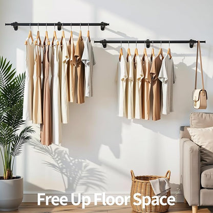 Luxspire Wall Mounted Clothes Rack, Industrial Pipe Clothing Rack, 41" Heavy Duty Extendable Iron Garment Bar, Multi-Purpose Hanging Rods for Clothes Bedroom, Laundry Room, Closet 2 Pack, Black