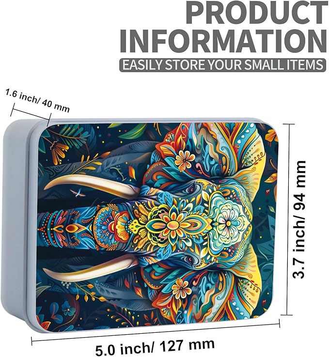 Metal Tin Box Sturdy Metal Storage Box with Lid, Large Container Holder for TCG Cards,Car Keys,Cookies,Tin Containers for Gift,5.0x3.7x1.6 Inch,Exquisite Pattern Design(Flower Elephant)