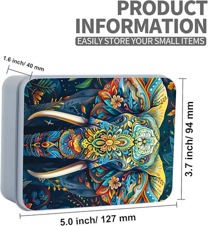 Metal Tin Box Sturdy Metal Storage Box with Lid, Large Container Holder for TCG Cards,Car Keys,Cookies,Tin Containers for Gift,5.0x3.7x1.6 Inch,Exquisite Pattern Design(Flower Elephant)