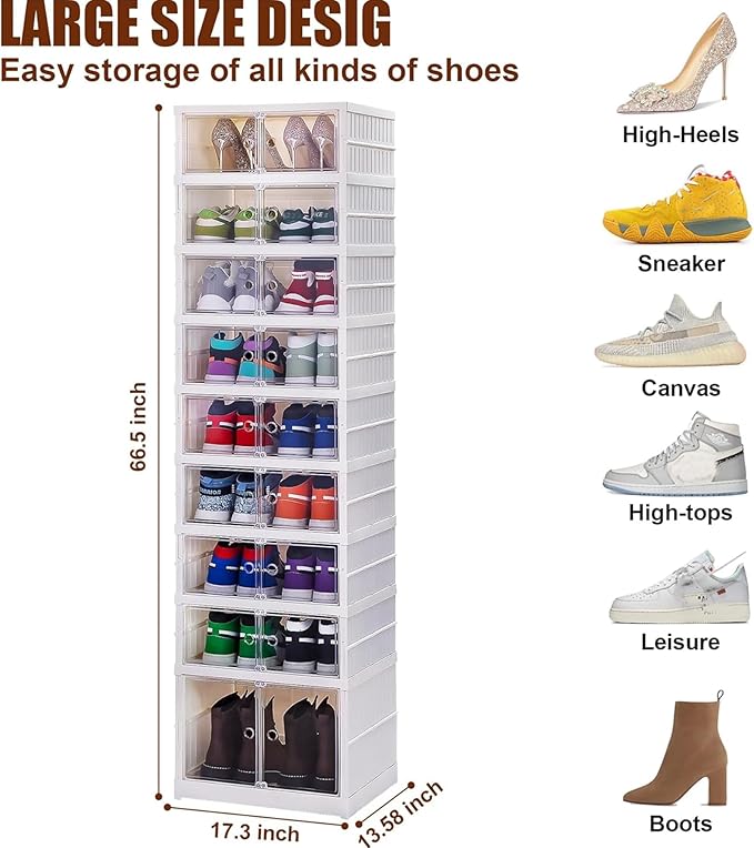 Shoe Box Foldable Storage Box Easy Assembly Collapsible Shoes Rack Clear Shoe Storage Cabinet Shoe Organizer Shoe Container Box with Lids Large Size Shoe Rack (9 layers clear door)