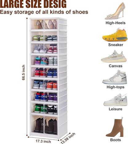 Shoe Box Foldable Storage Box Easy Assembly Collapsible Shoes Rack Clear Shoe Storage Cabinet Shoe Organizer Shoe Container Box with Lids Large Size Shoe Rack (9 layers clear door)