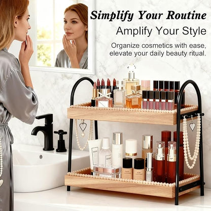 2-Tier Bathroom Countertop Organizer with 8 Hooks -Wooden Perfume & Makeup Storage Tray for Vanity Dresser, Farmhouse Skincare Organizer & Jewelry Holder for Kitchen Coffee Station