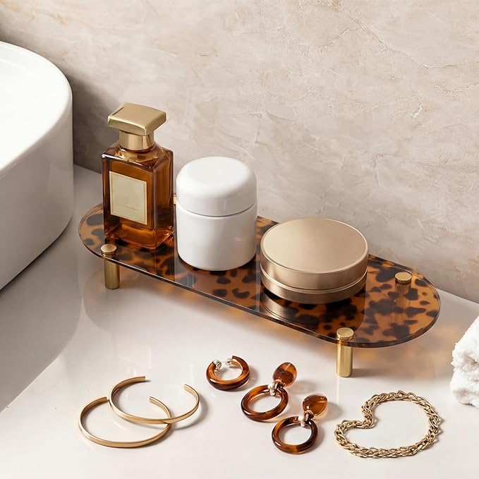 Tortoiseshell Vanity Tray Decorative Acrylic Vanity Tray with Gold Metal Legs 11x4.3x1.4 Inches Tortoise Bathroom Accessories Vintage Organizer for Counter Decor