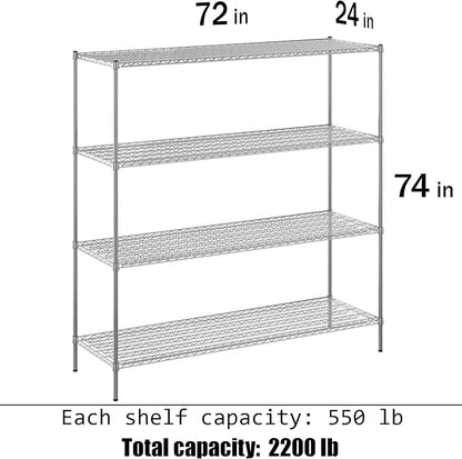 24" Deep x 72" Wide x 74" Height Wire Shelving Kit | 4-Tier | NSF Commercial Storage Rack Unit