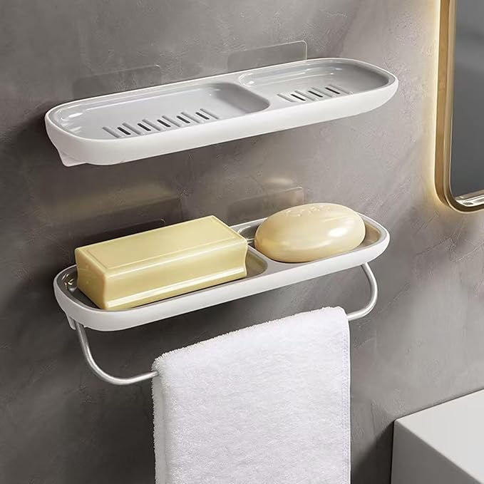 Soap Holder Dish Shower, Bar Soap Holder with Drainage, Self Draining Soap Holder, Wall Mounted Soap Box Tray Container for Bathroom, Bathtub Kitchen Sink (1PC Green-with Towel Rack)
