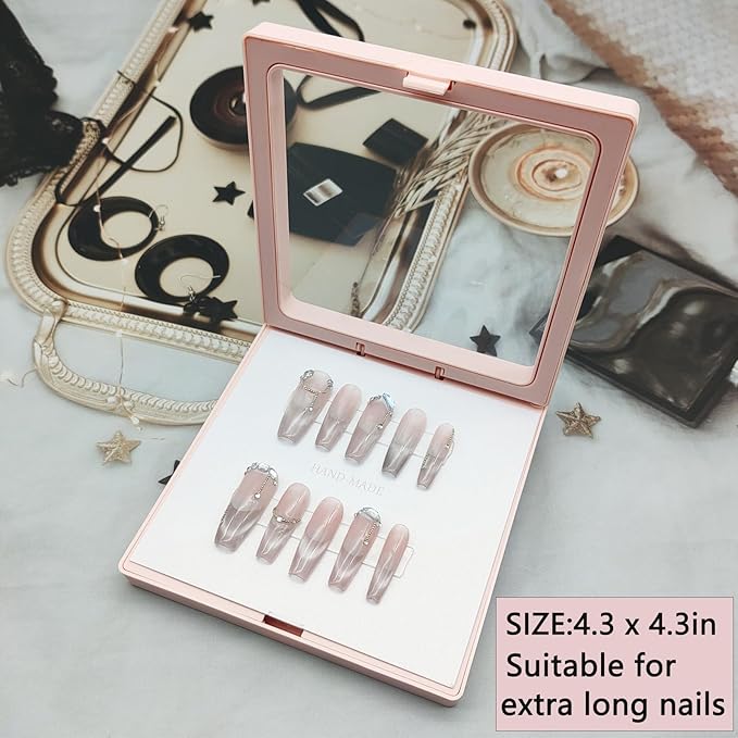 Press On Nail Packaging Boxes 3D Floating Press On Nail Storage Box Nail Display Box with 60pcs Double Sided Adhesive Nail Display Tape for Nail Tech (Pink, 4.3 inch)