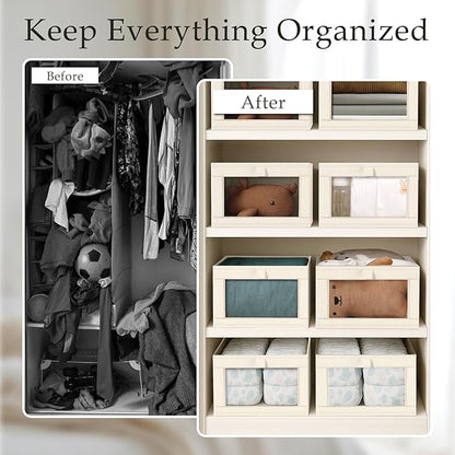 Criusia Closet Organizers and Storage, 4 Pack Linen Closet Baskets with Mesh Window for Organization, Foldable Closet Organizer for Clothing, Towels, Toys, Nursery, Books, Shelves, Beige