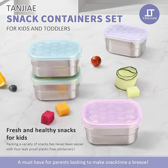Tanjiae 8oz Small (1 CUP) Stainless Steel Snack Containers for Kids and Toddlers (Ages 1-3) | Easy Open Leak Proof Food Containers with Silicone Lids - Perfect Metal Lunch Box for Daycare and School