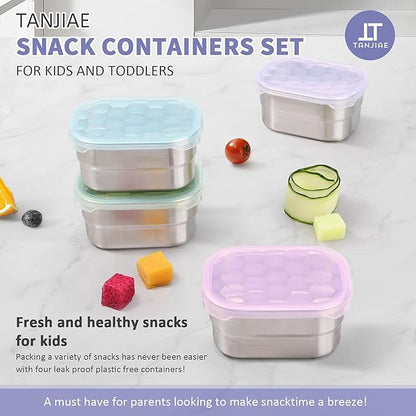 Tanjiae 8oz Small (1 CUP) Stainless Steel Snack Containers for Kids and Toddlers (Ages 1-3) | Easy Open Leak Proof Food Containers with Silicone Lids - Perfect Metal Lunch Box for Daycare and School