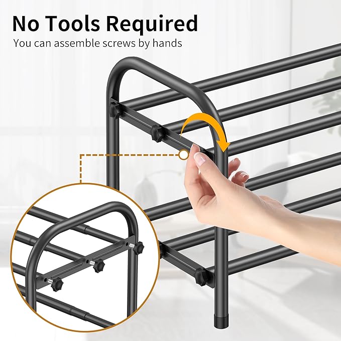 Hleelomi 2-Tier Expandable Shoe Rack for Entryway，Adjustable Metal Shoe Organizer for Closet,Living Room,Dorm,Black