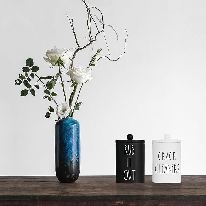 Farmhouse Apothecary Jars, Cotton Pads & Floss Holder with Lids, Funny Cotton Rounds Jars, Floss Pick Canisters for Bathroom Decor Storage Organization