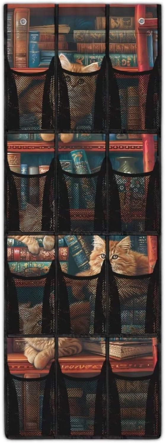 Books Behind Door Organizer 12 Pockets Door Hanging Shoe Organizer for BedRoom Space Saving Multi-Funtion Storage Bag Large Capacity Cats Wall Hanging Storage