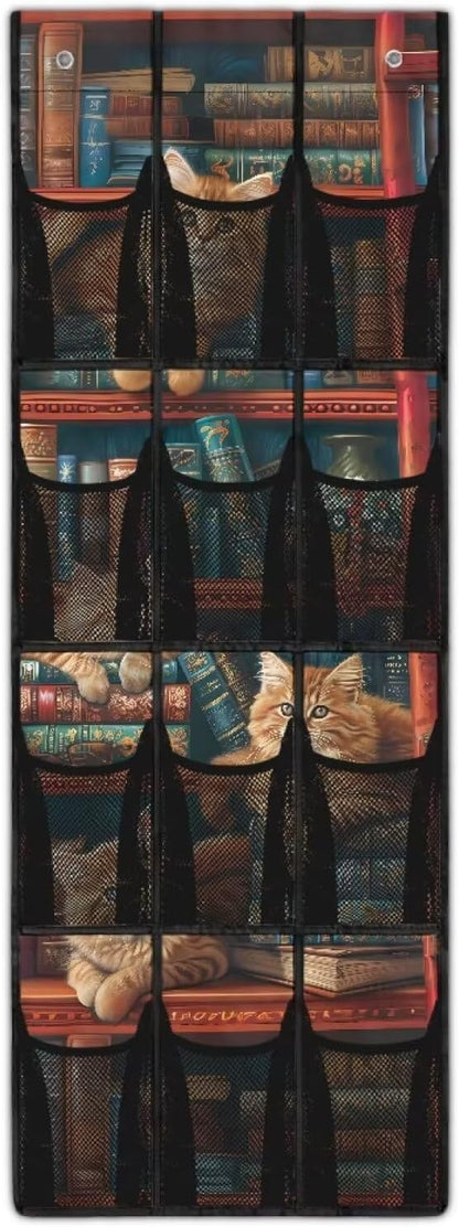 Books Behind Door Organizer 12 Pockets Door Hanging Shoe Organizer for BedRoom Space Saving Multi-Funtion Storage Bag Large Capacity Cats Wall Hanging Storage