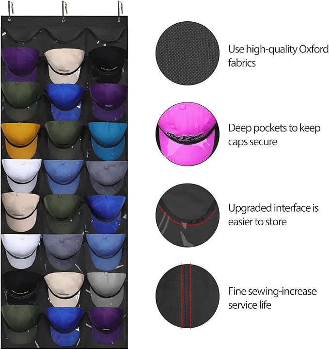 Dofilachy Hat Rack - Hat Organizer - Hat Racks for Baseball Caps, Visible Hat Holder - Baseball Rack for Wall Door with 3 Hooks, 27 Deep Pockets