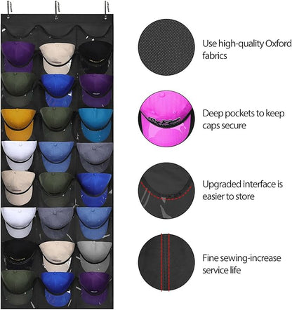 Dofilachy Hat Rack - Hat Organizer - Hat Racks for Baseball Caps, Visible Hat Holder - Baseball Rack for Wall Door with 3 Hooks, 27 Deep Pockets