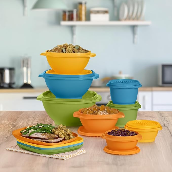 Tupperware Heritage Retro Collection, Bowls & Plates, 20 Piece Food Storage Container Set in Retro Colors, Dishwasher Safe and BPA Free