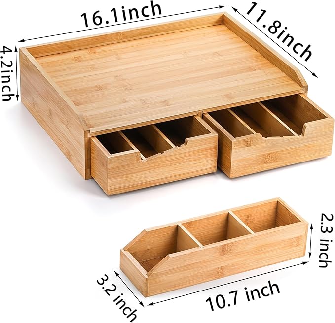 SOUJOY Bamboo Drawer Organizer for Coffee Pod, K Cup Organizer for Counter, Tea Bag Storage Organizer with Drawer and Side Storage Box for Kitchen Office Coffee Bar