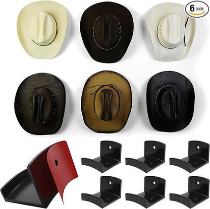Modern JP Adhesive Hat Hooks for Wall (6-Pack) - Cowboy Hat Rack, Wide Brim Hat Organizer, Strong Hold Hat Hangers for Wall - Black