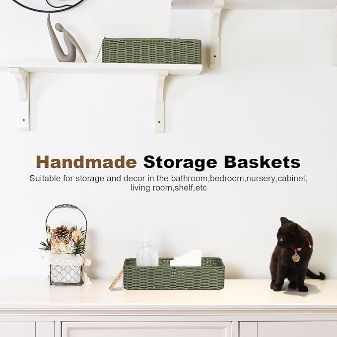 Storage Wicker Basket Decor: Green Decorative Storage Bin for Countertop and Shelves - Waterproof Toilet Paper Basket over Toilet Tank