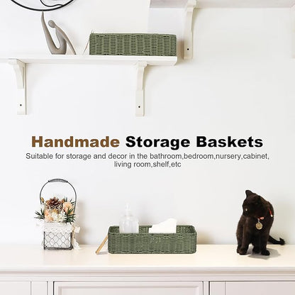 Storage Wicker Basket Decor: Green Decorative Storage Bin for Countertop and Shelves - Waterproof Toilet Paper Basket over Toilet Tank