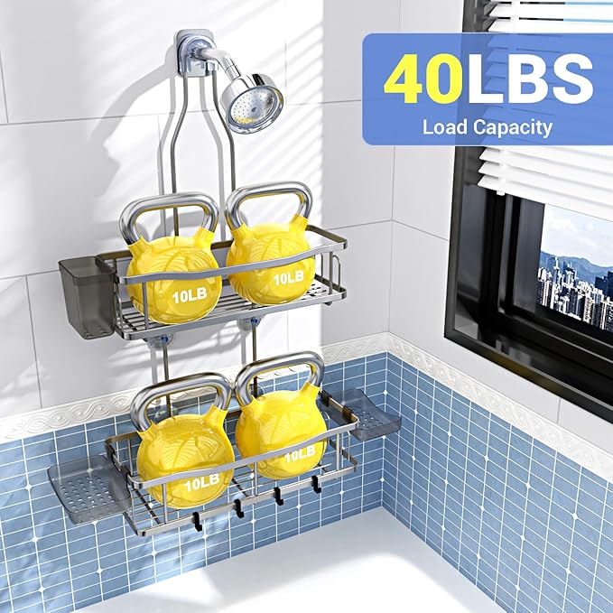 Aitatty Hanging Shower Caddy Bathroom Organizer: Rustproof Shower Shelf Racks Over Shower Head - No Drilling Inside Bath Shower Rack Shelves Over Showerhead for Shampoo with Soap Holder Silver