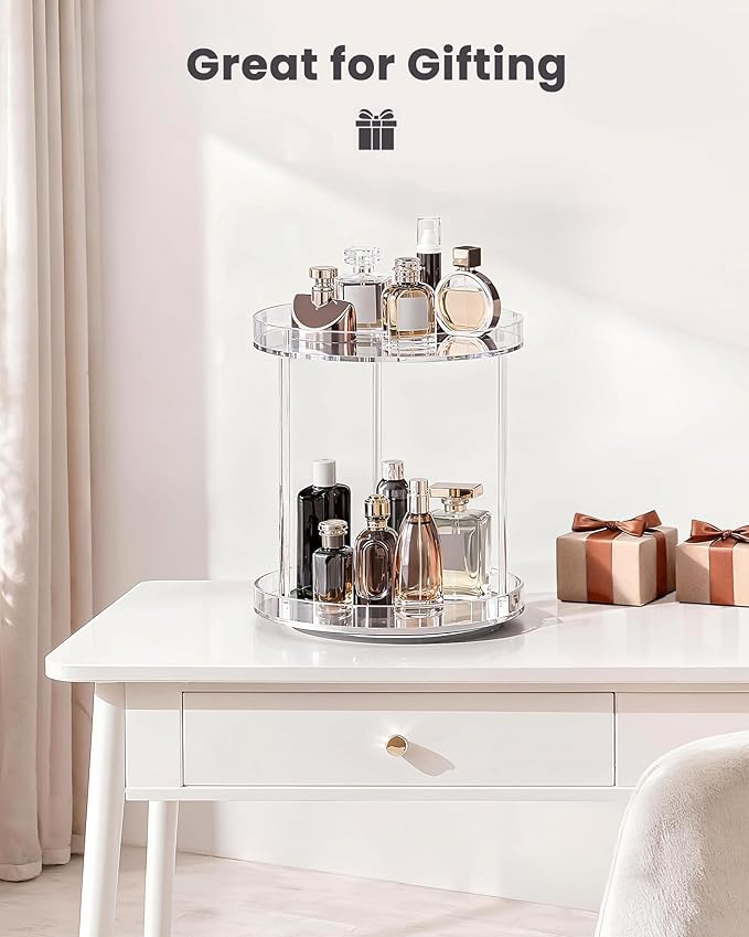 Lolalet 360 Degree Rotating Acrylic Perfume Organizer Stand, 2 Tiers Clear Perfumes Holder Display Rack, Makeup Skincare Organization for Vanity Bathroom Countertop -Medium, Clear