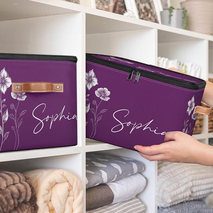 Custom Flower Storage Bins with Lid, Foldable Personalized Storage Basket Boxes with Handle Purple Shelf Basket Closet Organizer Cube