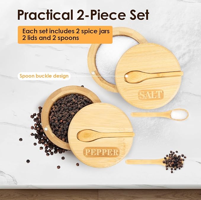 2 Layers Acacia Wood Salt and Pepper Bowl Salt and Pepper Storage Box Salt Container Salt Keeper with Built in Spoon and Magnetic Swivel Lid Dustproof Salt Holder for Kitchen Serving (Wood D)