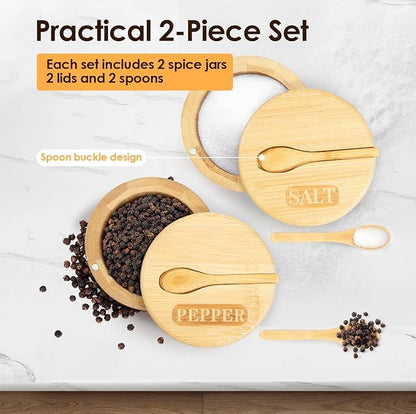 2 Layers Acacia Wood Salt and Pepper Bowl Salt and Pepper Storage Box Salt Container Salt Keeper with Built in Spoon and Magnetic Swivel Lid Dustproof Salt Holder for Kitchen Serving (Wood D)