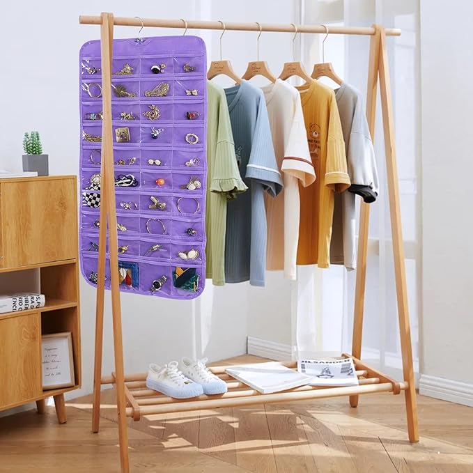 Bloss Hanging Jewelry Organizer, Double Sided 80 Pocket Jewelry Chain Storage Bag 2 Layer of Fabric Jewelry Organizer Holder for Necklace Bracelet Earring Ring Chain Knitting Tool - Purple