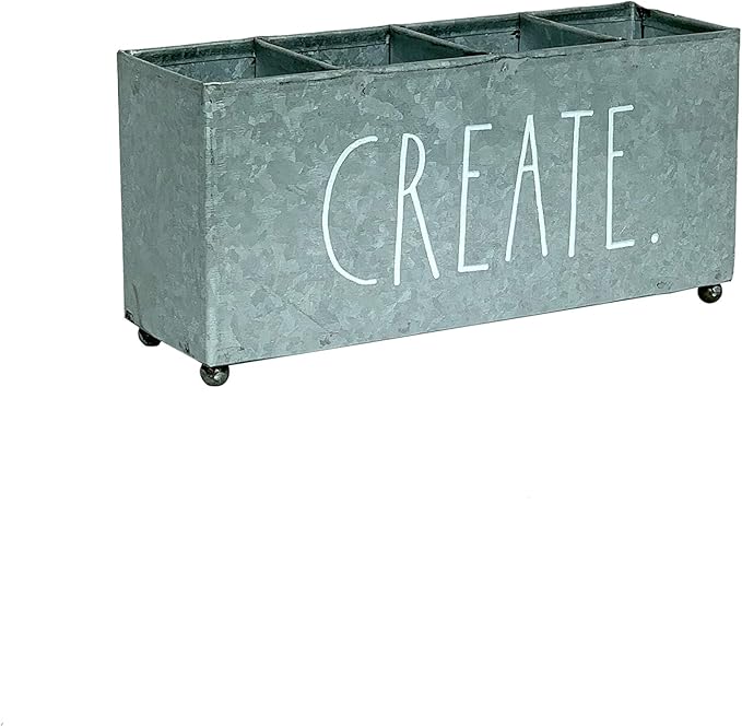 Rae Dunn Beauty Organizer - Four Sections for Cosmetic Storage - Galvanized Metal Container for Makeup Supplies, Personal Items, Jewelry - Modern Chic Design - Stylistic Décor for Bathroom Vanity