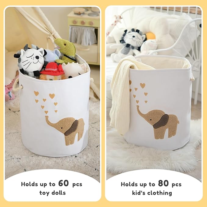 Baby Laundry Basket Laundry Hamper, Canvas 58L XL Baby Clothes Basket, Collapsible Brown Laundry Basket for Nursery Toy Baskets with Drawstring Closure, KidsRoom Decor for Boys