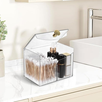 2-Grid Qtip Holder Dispenser,Transparent Cotton Ball Holder,Clear Bathroom Organizer with Lid Guest Bathroom Essentials for Cotton Swabs and Balls Container Cosmetics Storage for Vanity