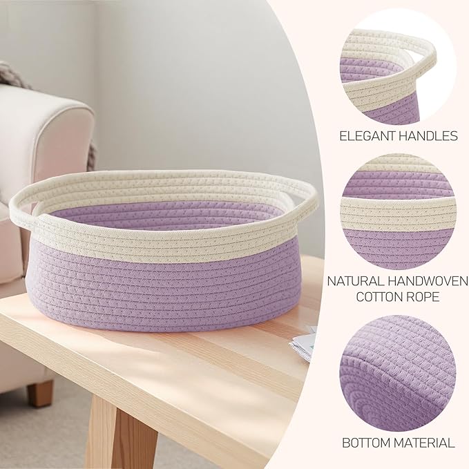 JMvicyroam Woven Basket,Small Rope Storage Bin with Handles & Ribbon Bag, Organizer for Shelves Closets,Gift Basket Empty for Birthday,Books,Dog Toys, White&Purple/3 Pack
