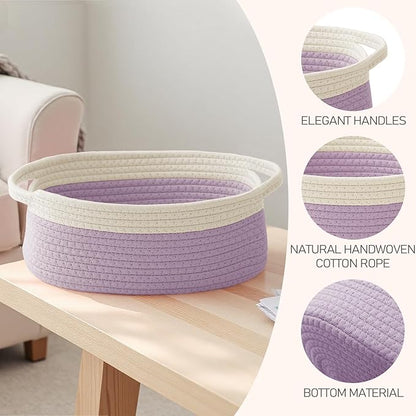 JMvicyroam Woven Basket,Small Rope Storage Bin with Handles & Ribbon Bag, Organizer for Shelves Closets,Gift Basket Empty for Birthday,Books,Dog Toys, White&Purple/3 Pack