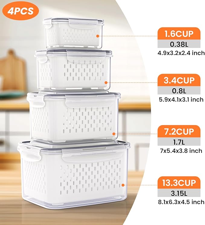 8 Pieces Fruit Storage Containers for Fridge with Lids and Strainer, 4Pack Fruit Containers for Fridge, Fresh Produce Saver Keeper for Vegetable Fruit Salad, BPA Free Fruit Organizer for Refrigerator