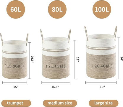 Laundry Basket Hamper Tall Rope Storage Woven for Blanket toys Dirty Clothes in Living Room Bathroom Bedroom (Brown&White, 100L/26.4Gal)
