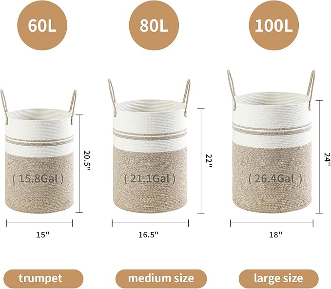 Laundry Basket Hamper Tall Rope Storage Woven for Blanket toys Dirty Clothes in Living Room Bathroom Bedroom (Brown&White, 80L/21.3Gal)