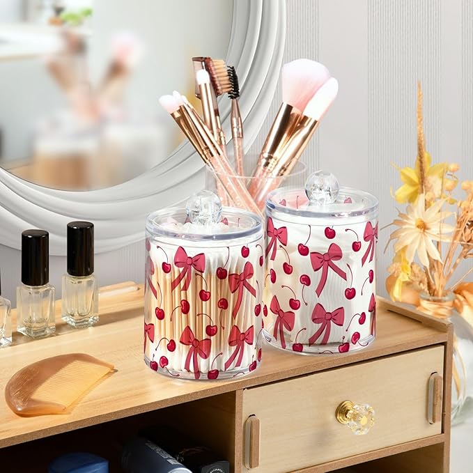 ALAZA 2 Pack Qtip Holder Dispenser for Cotton Ball Pink Cherry Bow Cotton Swab Round Pads Clear Plastic Acrylic Jar Set Bathroom Canister