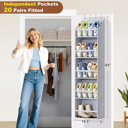 KEETDY 20 Pairs Over The Door Shoe Organizer for Closet Large Clear Pockets Hanging Shoe Rack for Door Hanger Boot Holder Storage for Men Sneakers, Grey
