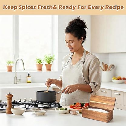 Acacia Wood Salt Cellar Spice Box with Magnetic Lid 29oz Large Capacity Salt Organizer 1 Compartments for Kitchen Countertop, Pepper, Seasonings, Spices, Grilling & Cooking