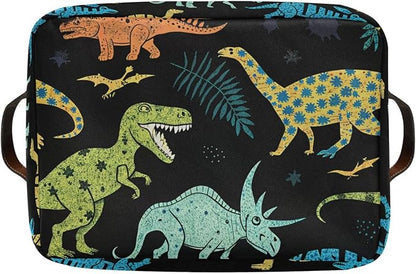 Dinosaur Pattern Storage Basket Bin, Large Cube Storage Box Canvas Collapsible Storage Organizer for Home Office Closet - 15 L x 11 W x 9.5 H