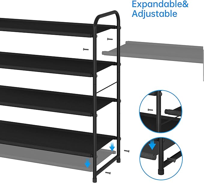 Simple Trending 4-Tier Stackable Shoe Rack, Expandable & Adjustable Fabric Shoe Shelf Storage Organizer, Black